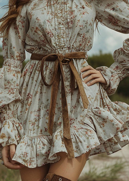Women Floral Pastoral Style Ruffled Mini Dresses Long Sleeve