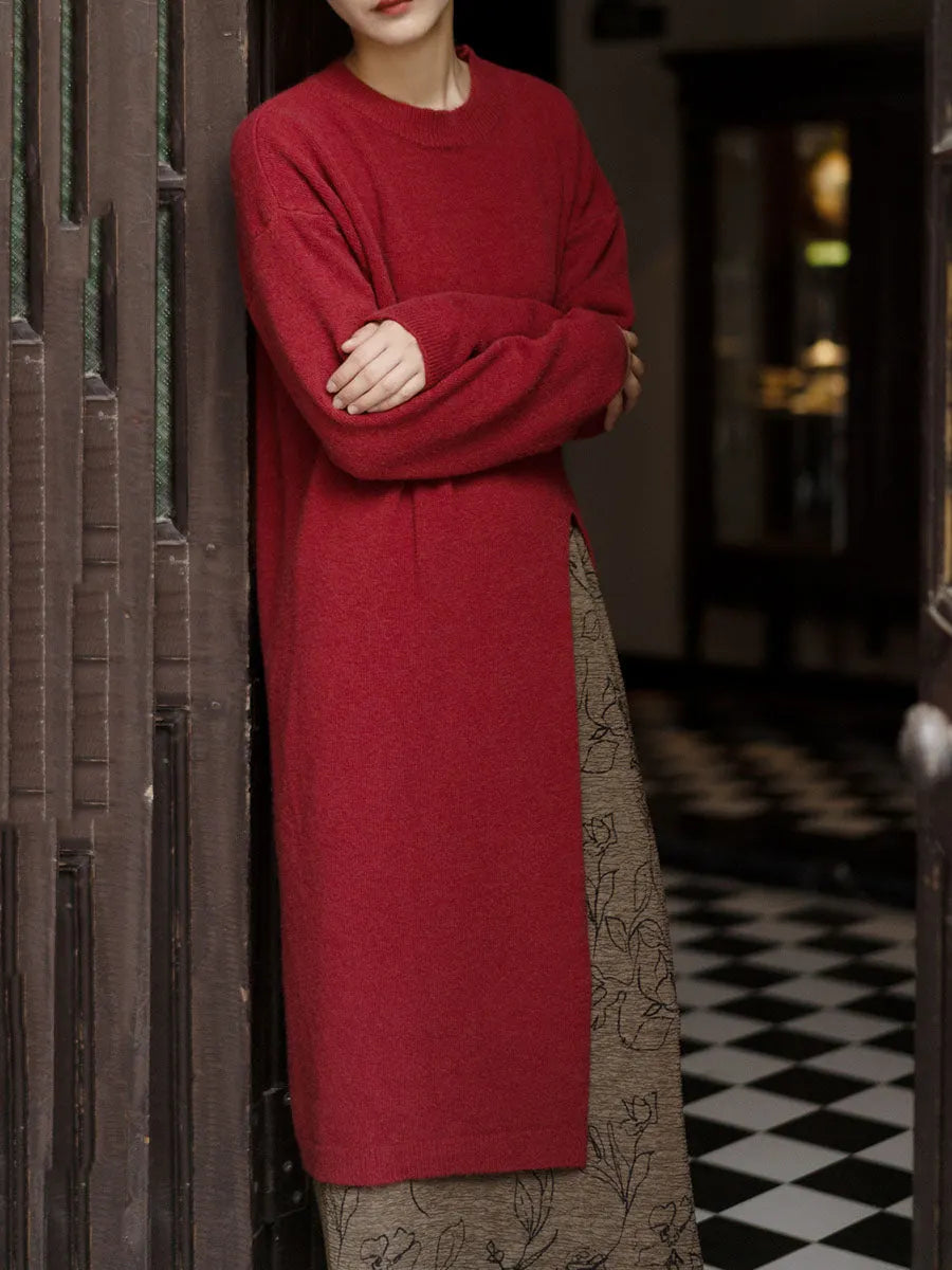Women Winter Artsy Split Hem Solid Long Sweater Dress
