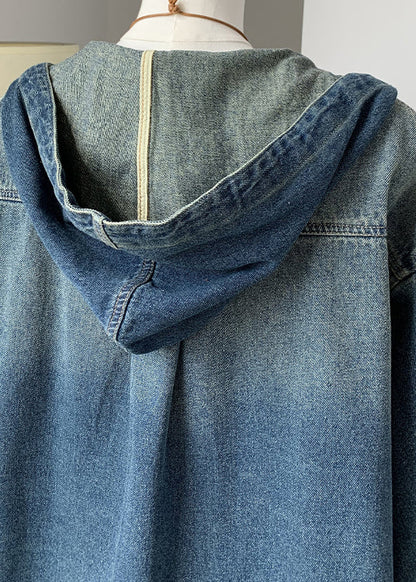 Fashion Blue Button Denim Hooded Coat Fall