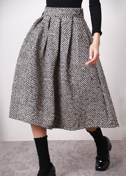 Simple Black White Plaid High Waist Woolen A Line Skirts Spring