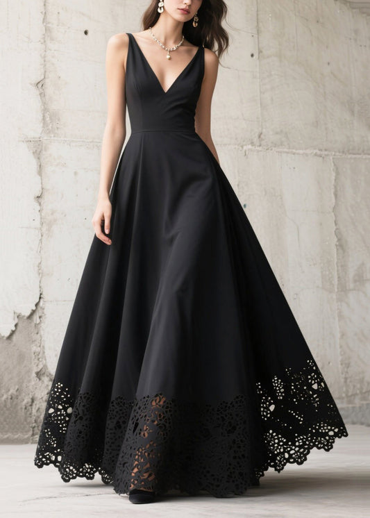 French Black Hollow Out Exra Large Hem Chiffon Long Dresses Summer