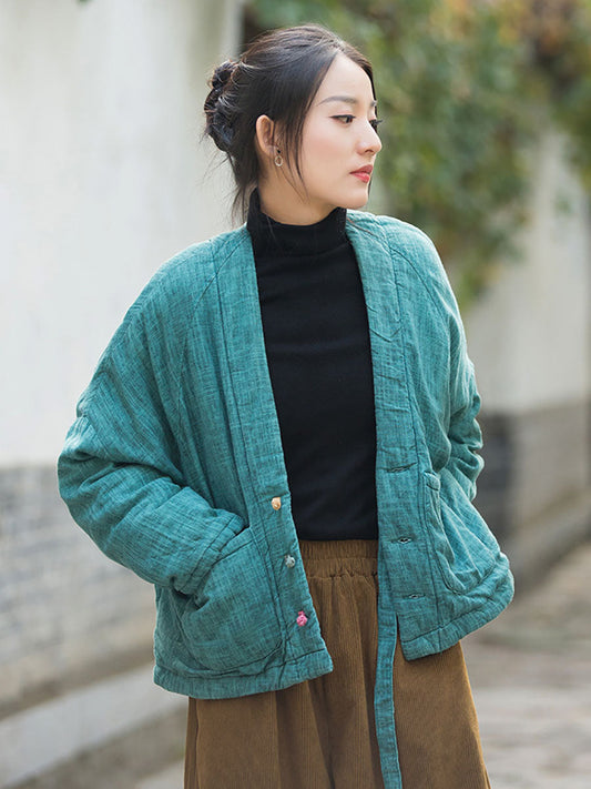 Women Winter Artsy Worn Solid Button Pocket Linen Coat
