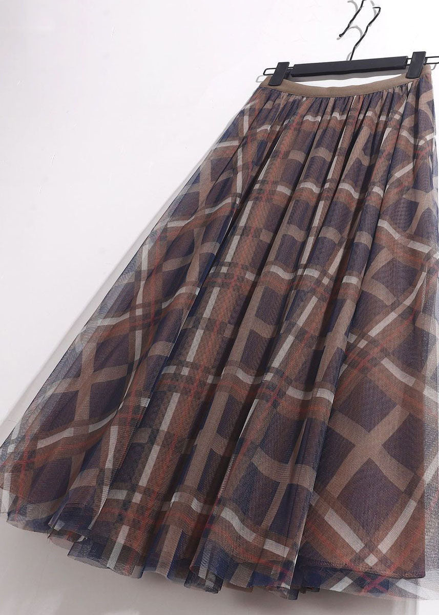 Coffee Plaid Tulle A Line Skirt High Waist Spring