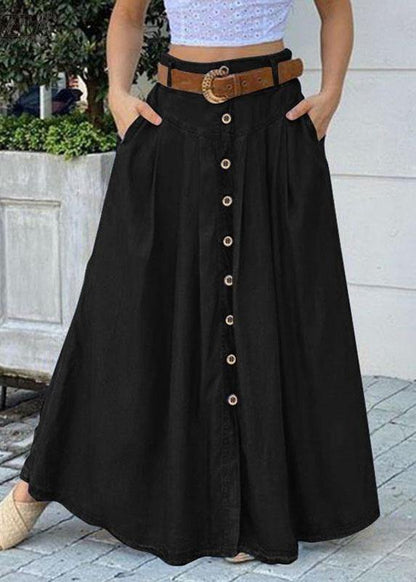Women Solid Color Print1 Bottom Front Loose Casual Long Skirt With Pocket