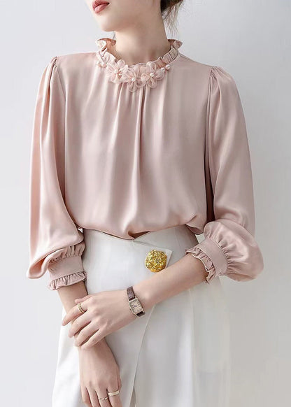 Casual Pink Ruffled Floral Chiffon Tops Spring