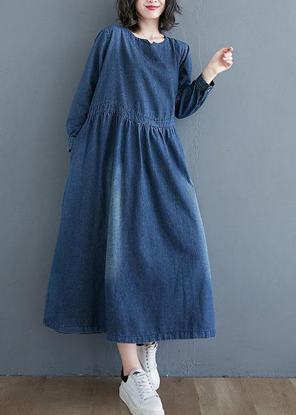 Chic O Neck Cinched  Tunic Wardrobes Denim Blue Art Dresses