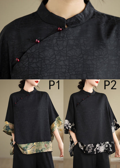 Vintage Black Mandarin Collar Patchwork Silk Shirt Summer
