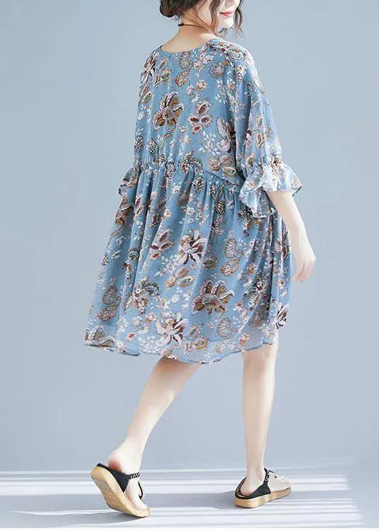 Plus Size Blue V Neck Loose Print Summer Chiffon Long Dresses Half Sleeve