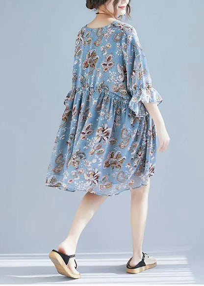 Plus Size Blue V Neck Loose Print Summer Chiffon Long Dresses Half Sleeve