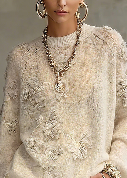 Casual Beige O-Neck Embroidered Cotton Knit Sweaters Spring