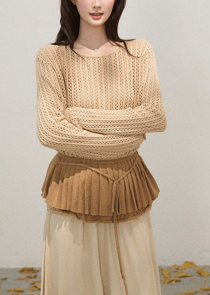 Sexy Khaki Hollow Out Knit Pullover Tops Fall