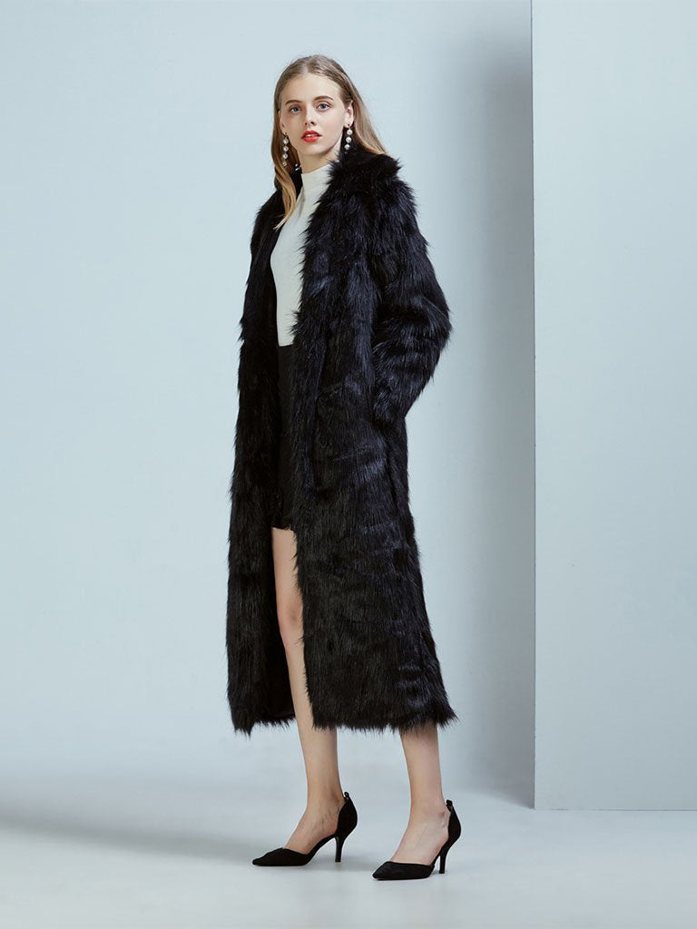 Faux Fur Coat Women V Neck Long Sleeve Maxi Winter Coat