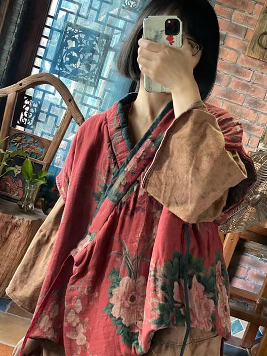 Women Floral Cotton Vintage Loose Waist Coat