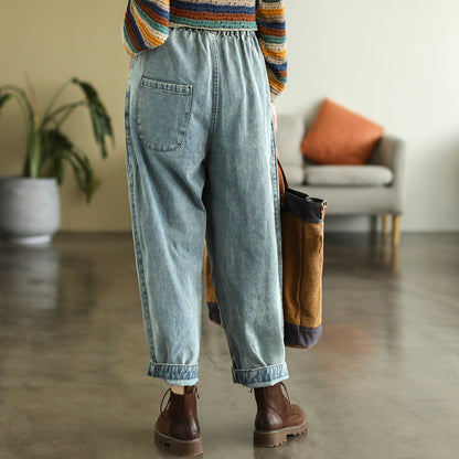 Women Retro Patchwork Embroidery Cotton Harem Jeans