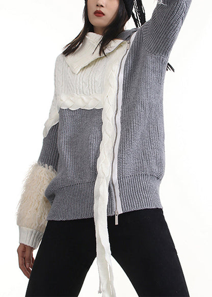 Beautiful Grey Zip Up Patchwork Knit Pullover