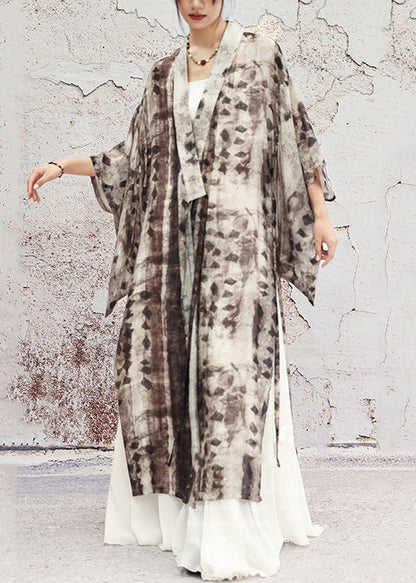 Vintage Grey Print Lace Up Side Open Cotton Long Coat Half Sleeve