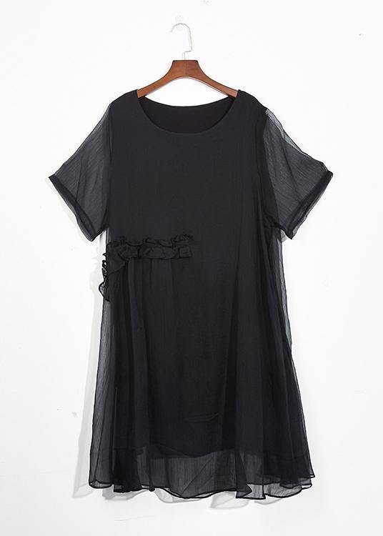 Italian black chiffon dresses Casual o neck Cinched long summer Dress