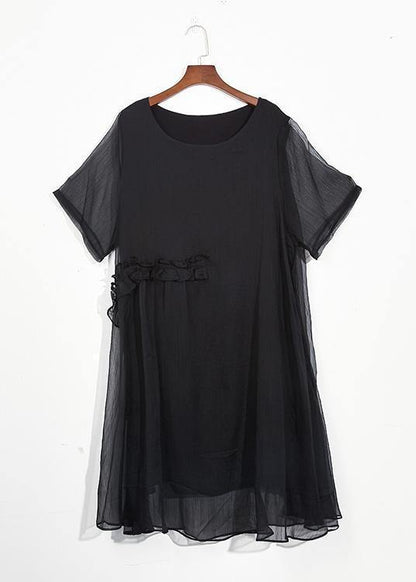 Italian black chiffon dresses Casual o neck Cinched long summer Dress