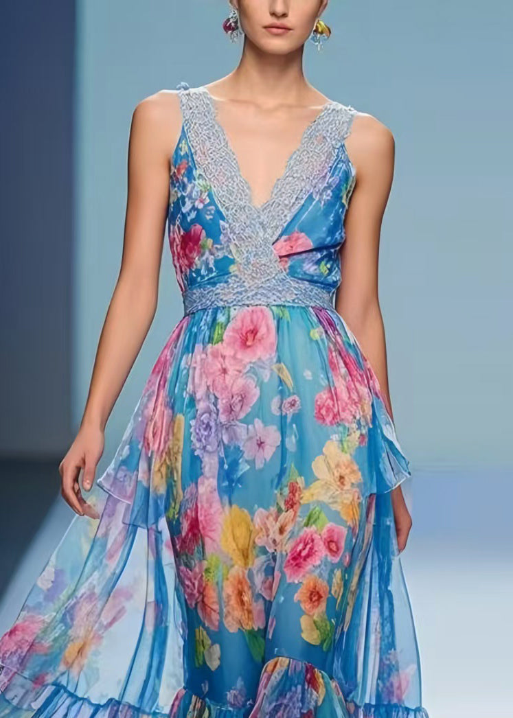 DIY Blue Print Exra Large Hem Chiffon Holiday Dresses Summer