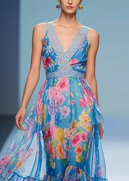 DIY Blue Print Exra Large Hem Chiffon Holiday Dresses Summer