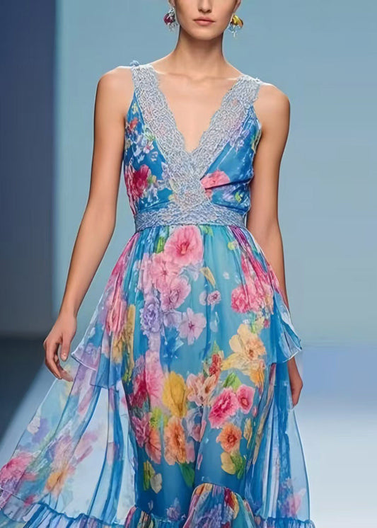 DIY Blue Print Exra Large Hem Chiffon Holiday Dresses Summer