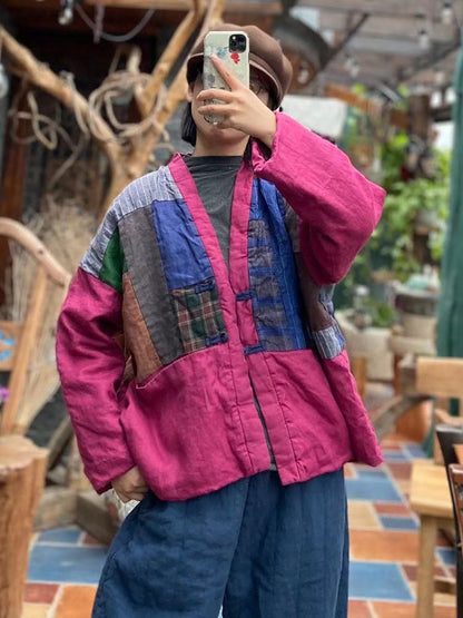 Women Vintage Spliced Button 100%Linen Padded Coat