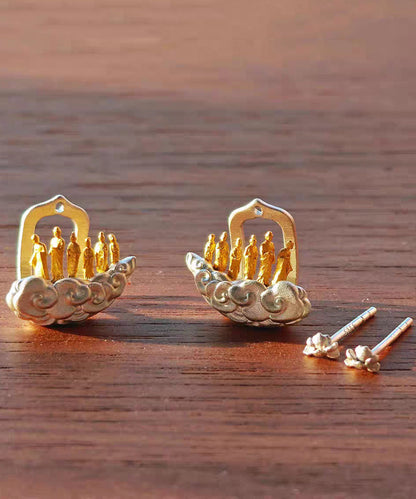 Vintage Gold Sterling Silver Overgild Auspicious Clouds Lotus Six Buddhas Stud Earrings
