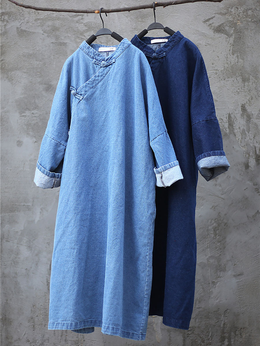Women Spring Vintage Frog Denim Loose Dress