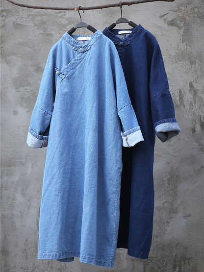Women Spring Vintage Frog Denim Loose Dress