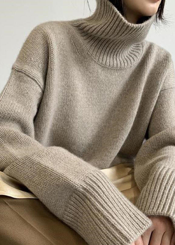 Loose Camel Hign Neck Thick Knit Sweaters Top Fall