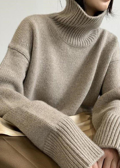 Loose Camel Hign Neck Thick Knit Sweaters Top Fall