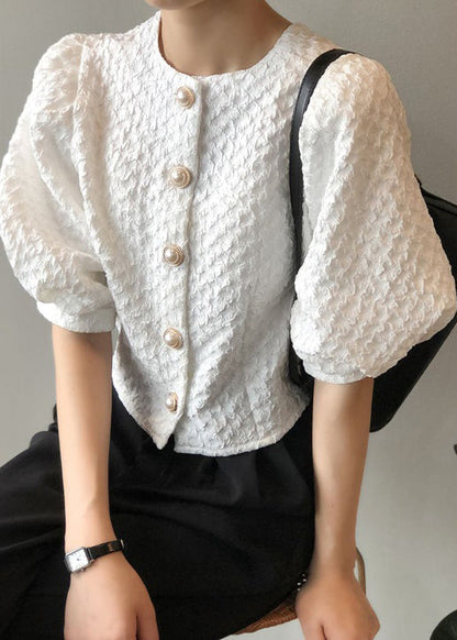 Elegant White O Neck Button Cotton Shirt Top Summer