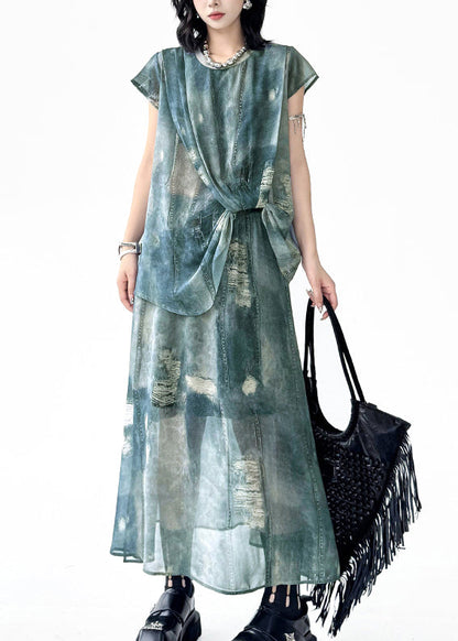 Chic Blue O Neck Ripped Denim Print Two Pieces Set Summer
