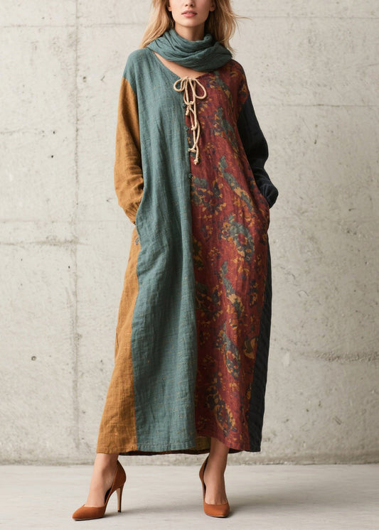 Colorblock Patchwork Cotton Vacation Dress Oversized Fall