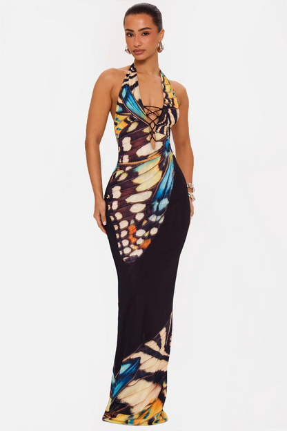 Butterfly Print Halter Lace-Up Open Back Bodycon Maxi Dress