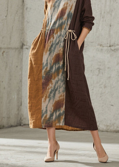 Women O Neck Print Lace Up Cotton Maxi Dresses Fall