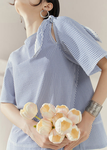 Natural Blue O-Neck Striped Bow Tops Summer