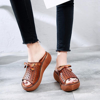 Leather Vintage Hollow Out Wedge Women Casual Slippers