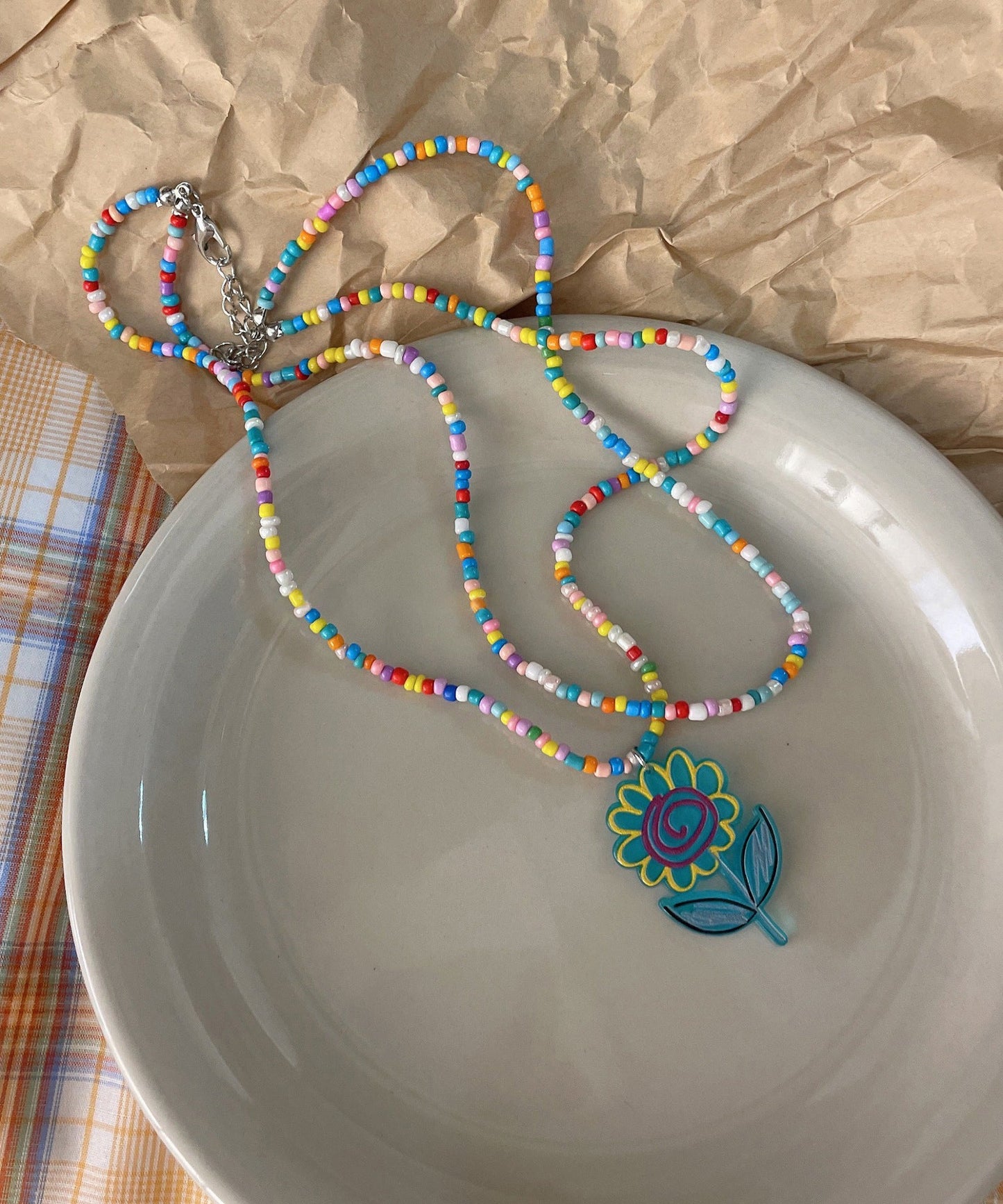 Beautiful Rainbow Floral Alloy Floral Double Layer Beading Pendant Necklace