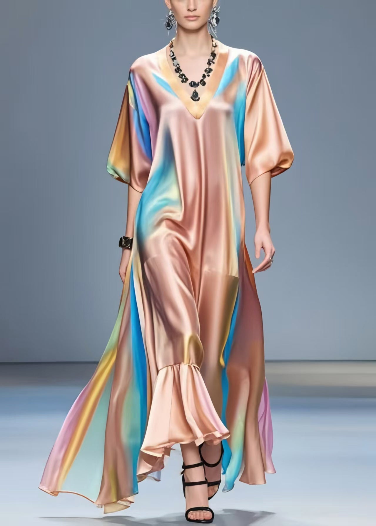 Beautiful V Neck Tie Dye Silk Vacation Dresses Half Sleeve