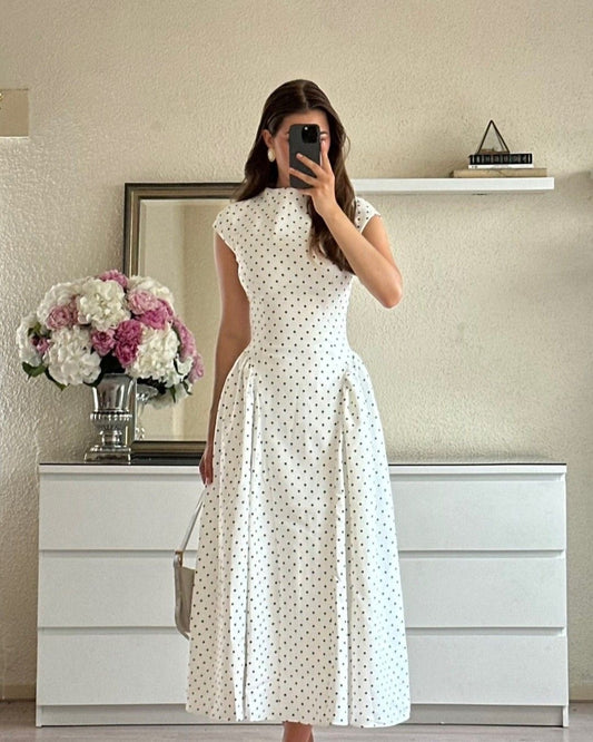 French Vintage Polka Dot Stand Collar Waist-Cinching Flare Maxi Dress | Elegant Commuter Slimming A-Line Dress