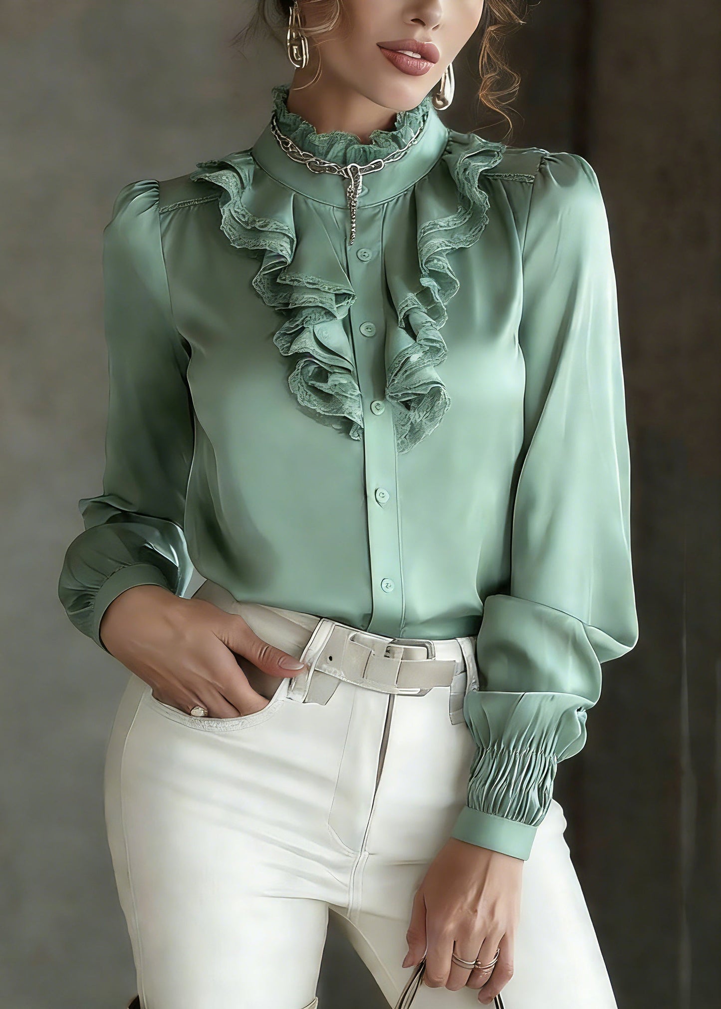Fashion Green Ruffled Patchwork Silk Shirt Lantern Sleeve