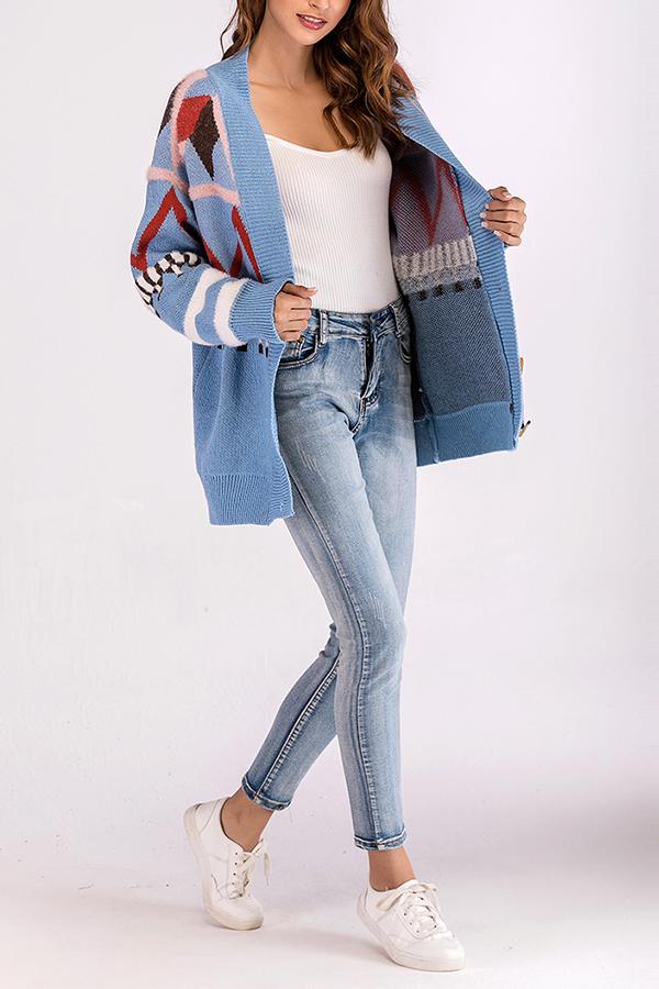 Geometric V Neck Loose Cardigan