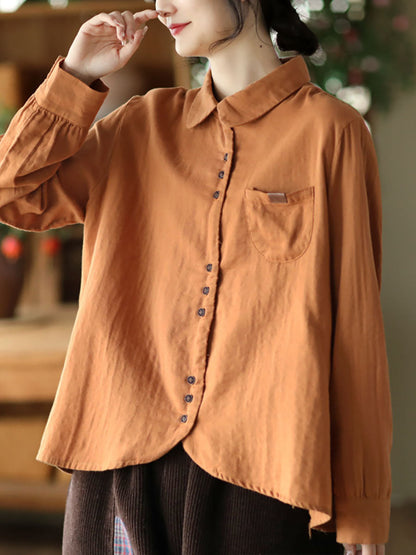 Women Spring Vintage Solid Button Pocket T-shirt