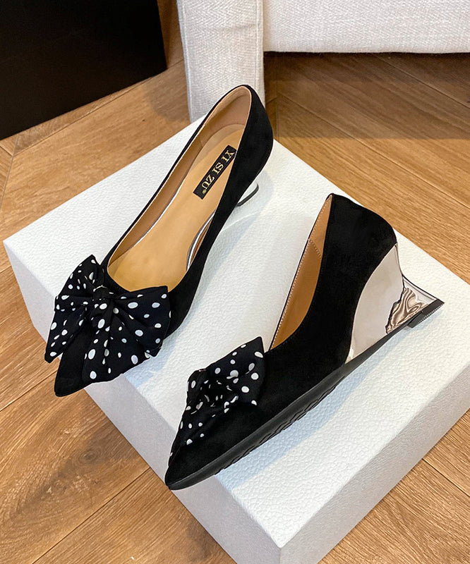 Women Bow Splicing Wedge Shoes Black Suede Pointed Toe