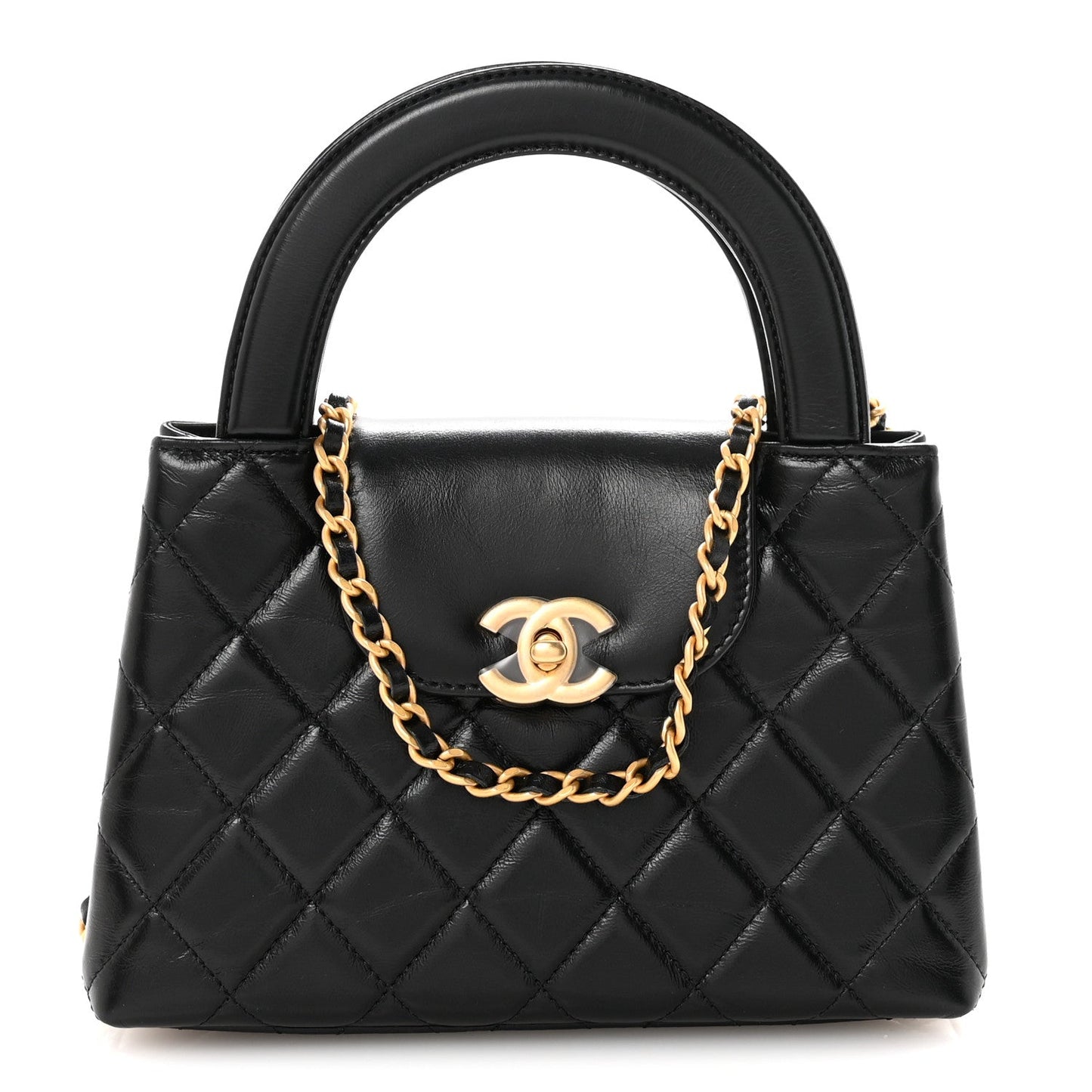Shiny Aged Calfskin Quilted Nano Kelly Shopper Black