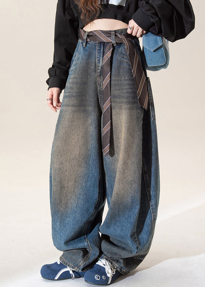 Vintage Dark Blue High Waist Pockets Wide Leg Jeans Fall