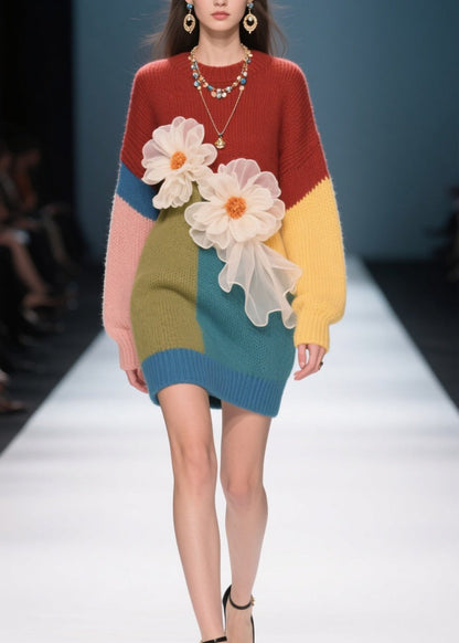 French Colorblock O Neck Floral Knit Sweater Dress Fall
