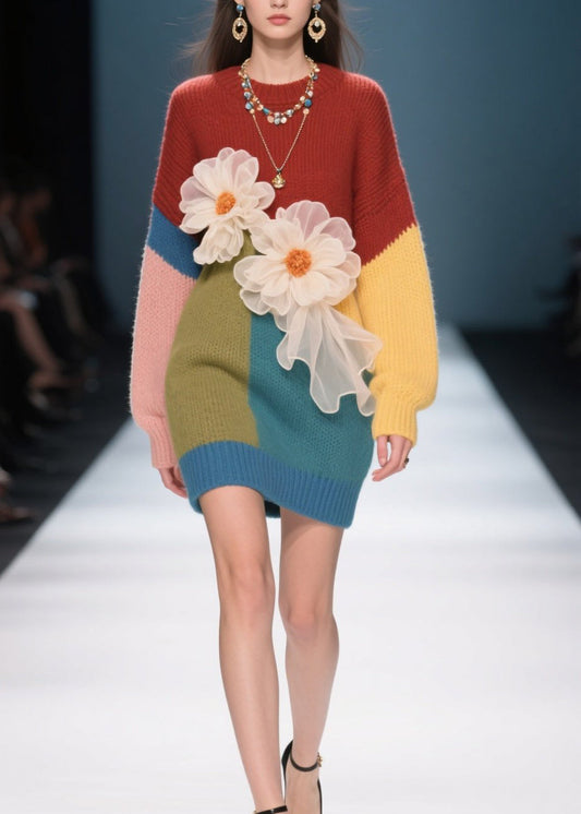 French Colorblock O Neck Floral Knit Sweater Dress Fall