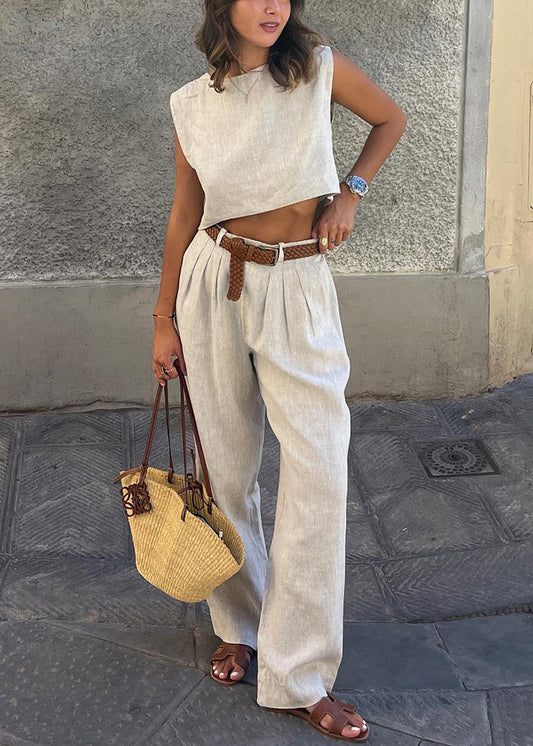 Vintage Beige Linen Vests And Wide Leg Pants Two-Piece Set Sleeveless